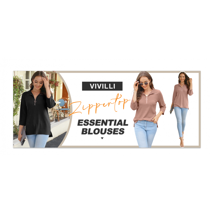 Vivilli Womens Tops Dressy 캐주얼 3/4 길이 소매 V 넥 셔츠 및 블라우스 지퍼 칼라 여성 폴로 셔츠