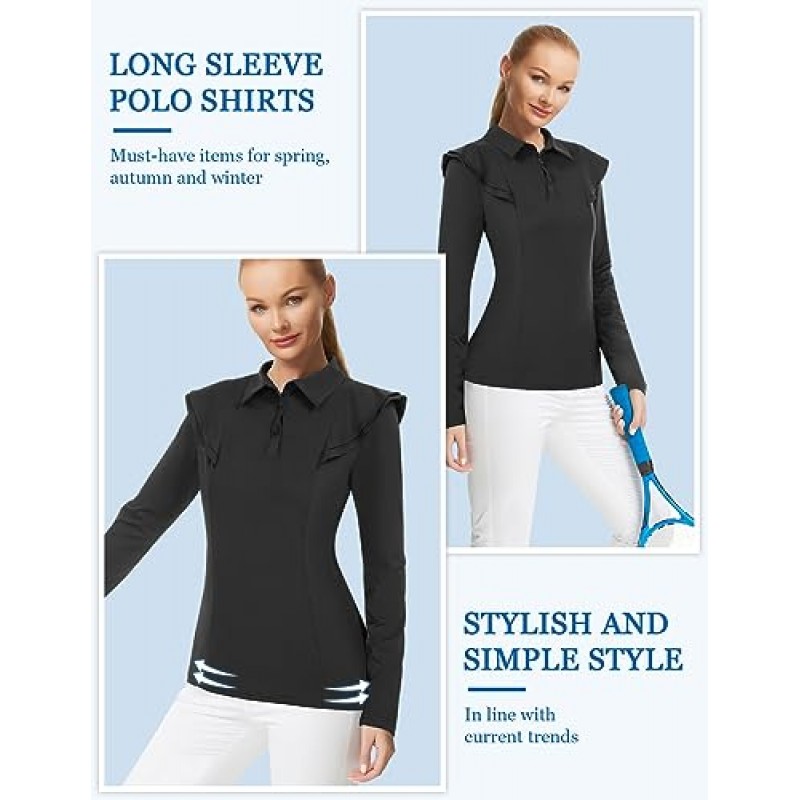 JACK SMITH 여성용 긴 소매 골프 폴로 셔츠 주름 장식 수분 흡수 테니스 운동 셔츠 버튼 업