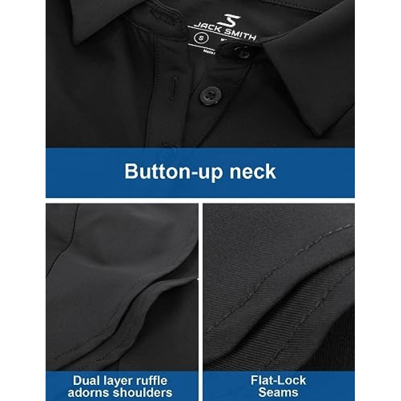 JACK SMITH 여성용 긴 소매 골프 폴로 셔츠 주름 장식 수분 흡수 테니스 운동 셔츠 버튼 업