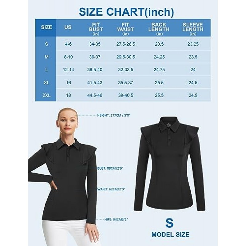 JACK SMITH 여성용 긴 소매 골프 폴로 셔츠 주름 장식 수분 흡수 테니스 운동 셔츠 버튼 업
