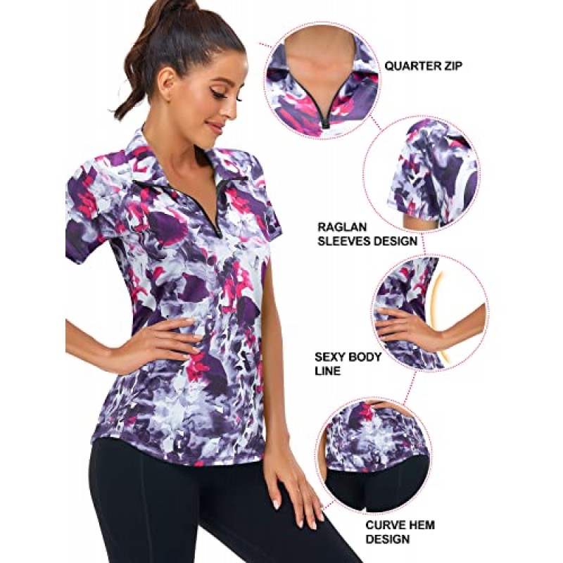 Zamowoty 여성용 반팔 골프 셔츠 1/4 지퍼 업 루즈 요가 러닝 운동 탑