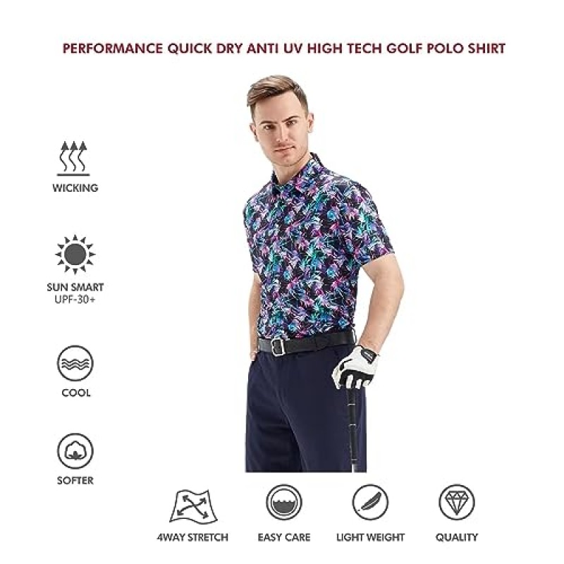 남성용 골프 셔츠 드라이핏 반소매 프린트 성능 모이스처 위킹 폴로 셔츠