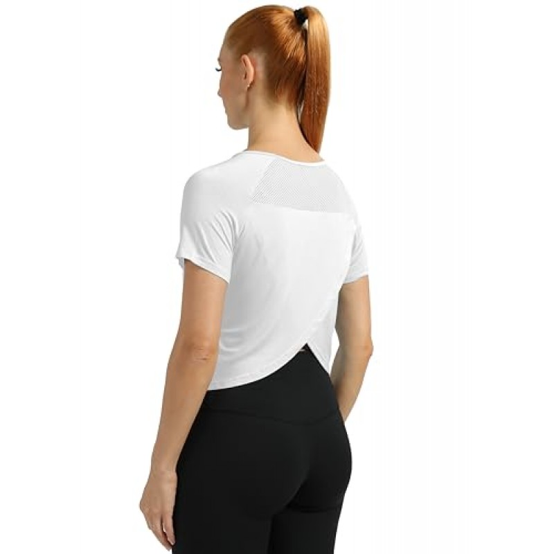 Mippo 여성용 크롭 운동 탑 메쉬 스플릿 백 반소매 운동 티셔츠