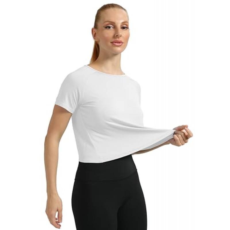 Mippo 여성용 크롭 운동 탑 메쉬 스플릿 백 반소매 운동 티셔츠