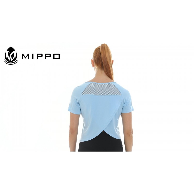 Mippo 여성용 크롭 운동 탑 메쉬 스플릿 백 반소매 운동 티셔츠