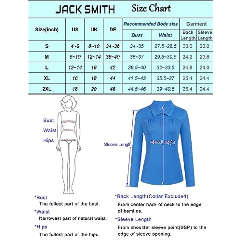 JACK SMITH 여성용 골프 셔츠 긴 소매 폴로 셔츠 Quick Dry Pleated UPF 50+ 버튼 캐주얼 테니스 운동용 탑 S-2XL