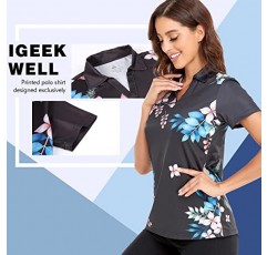 IGEEKWELL 여성용 골프 셔츠 반소매 칼라 폴로 셔츠 수분 흡수 레이디 골프 의류 프린트 테니스 스포츠 티셔츠…