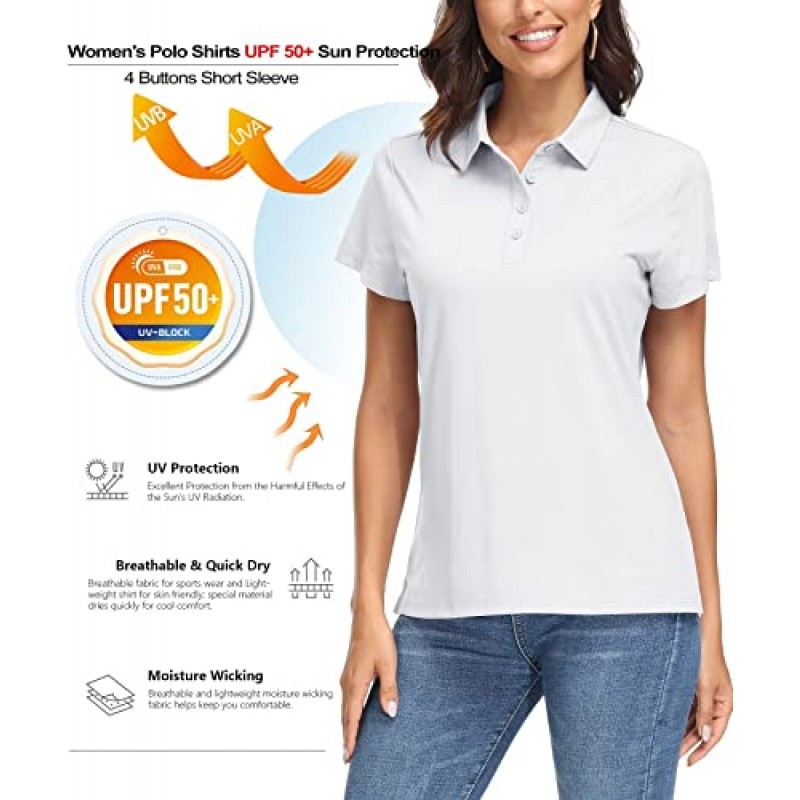 MAGCOMSEN 여성용 폴로 셔츠 UPF 50+ 자외선 차단 4 버튼 캐주얼 작업 빠른 건조 반소매 칼라 골프 셔츠