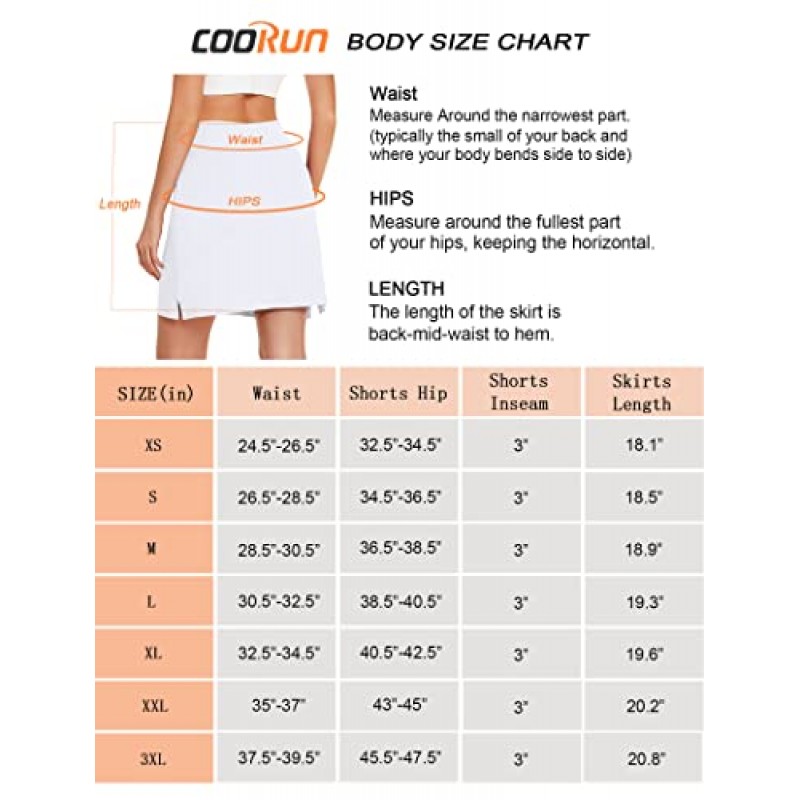 COOrun 여성용 Skorts 포켓이 있는 운동용 스커트 무릎 길이 내장 반바지 골프 테니스 운동용 캐주얼 스커트(XS-3XL)