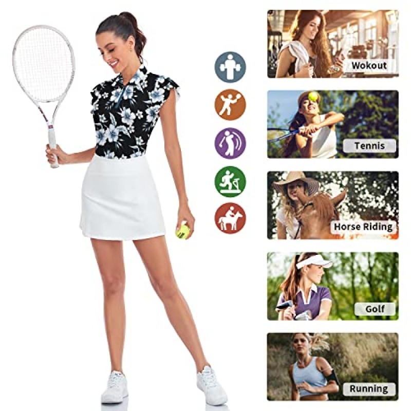 Soneven Womens 꽃잎 슬리브 골프 셔츠 수분 위킹 레이디 골프 의류 프린트 테니스 스포츠 T 셔츠