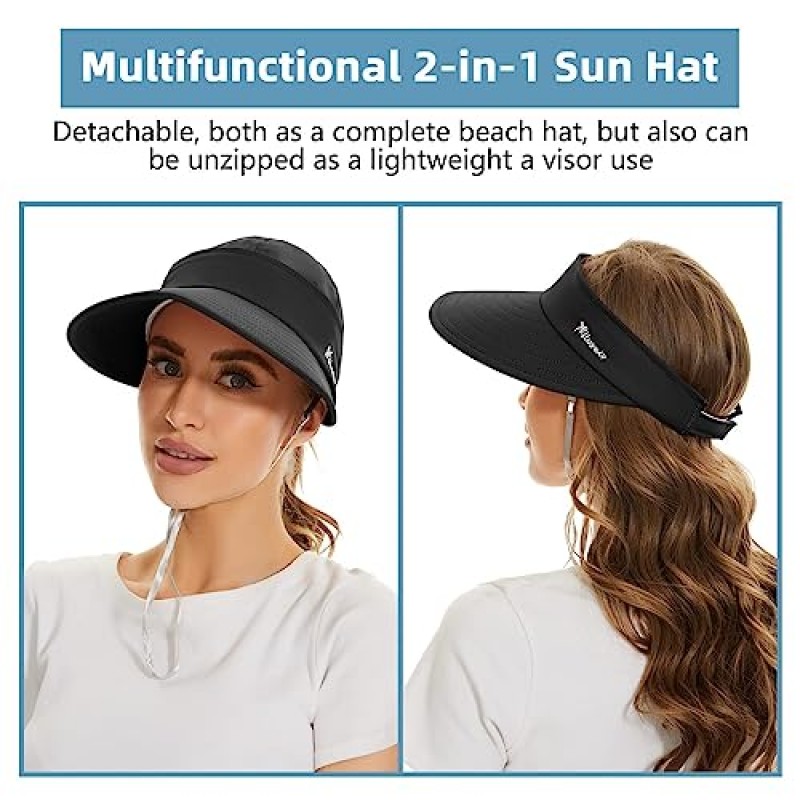 Century Star Womens Sun Hat 와이드 브림 자외선 차단 여름 바이저 2 in 1 Zip-Off 비치 모자 여성용 골프 모자 야외 모자