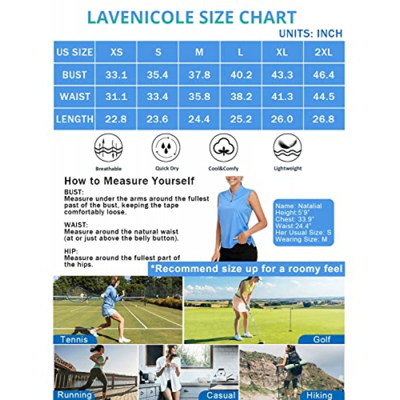 Lavenicole 여성용 골프 폴로 셔츠 민소매 쿼터 지퍼 테니스 탱크 탑 여성용 퀵 드라이 자외선 차단 칼라리스 셔츠