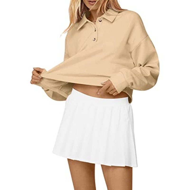 LASLULU Womens Fleece Lined 자르기 탑 버튼 폴로 셔츠 운동 운동 풀오버 스웨터 자른 긴 소매 스웨터