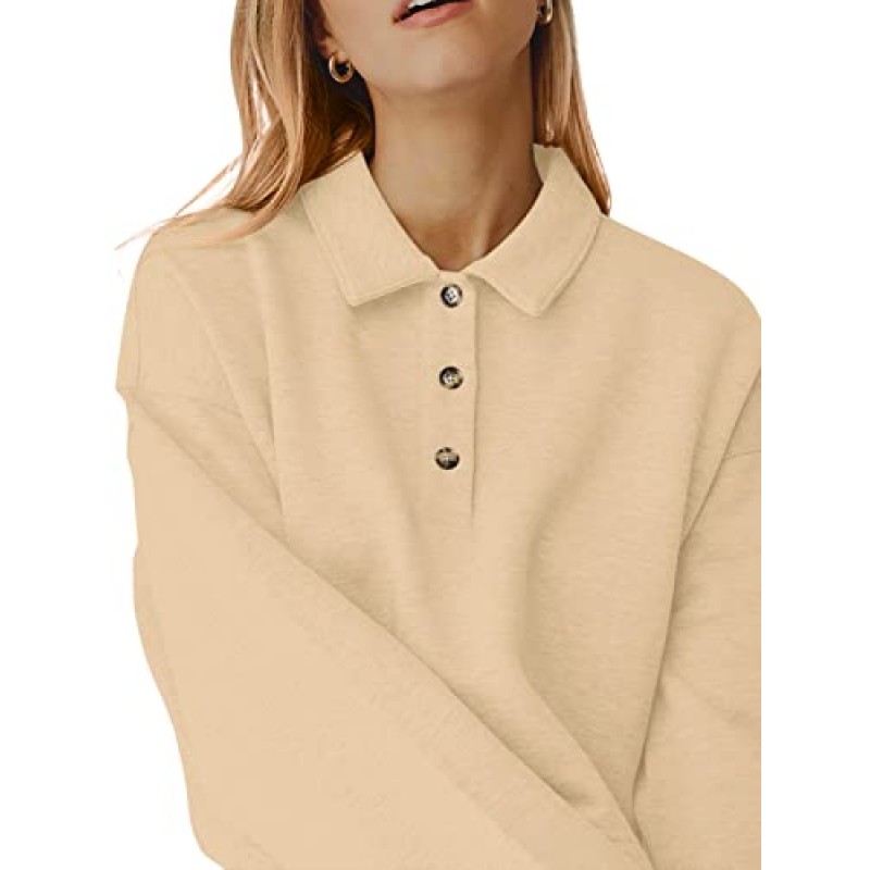 LASLULU Womens Fleece Lined 자르기 탑 버튼 폴로 셔츠 운동 운동 풀오버 스웨터 자른 긴 소매 스웨터