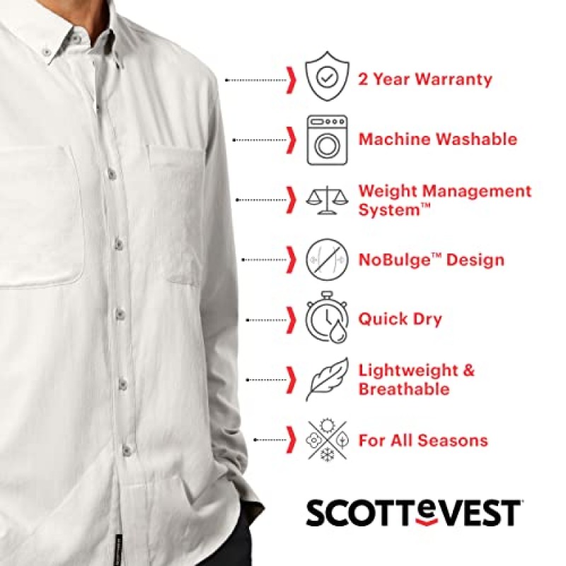 SCOTTeVEST 남성용 Adventurer 긴팔 셔츠 - 숨겨진 포켓 6개 - 여행 등을 위한 빠른 건조 버튼다운