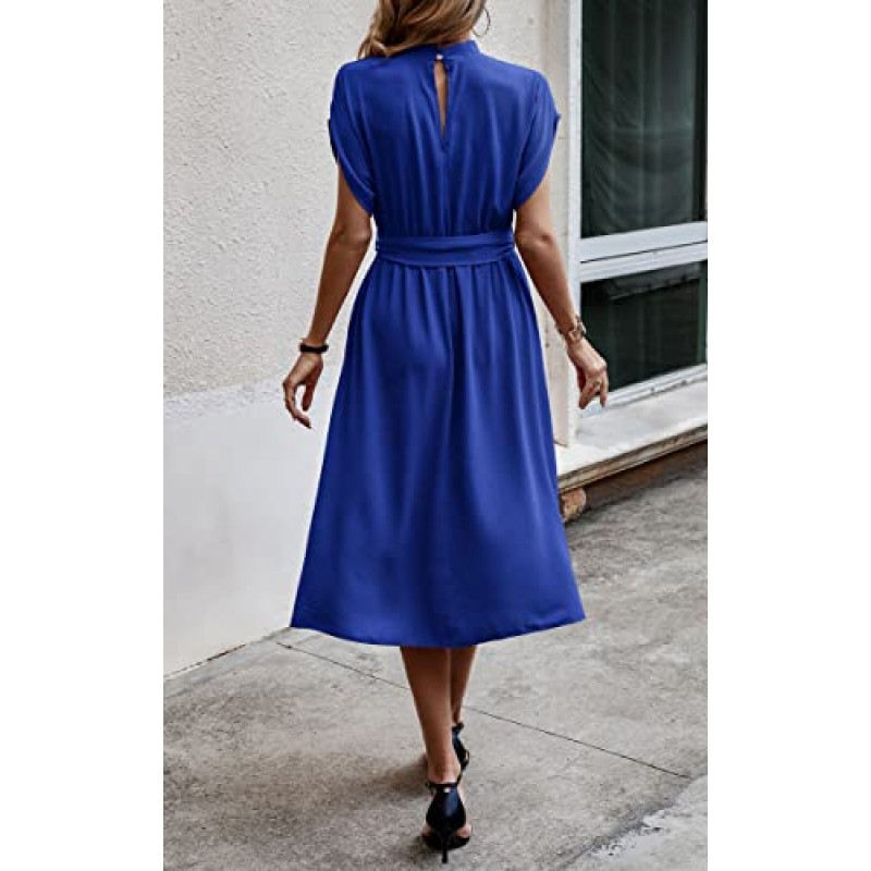Angashion Womens Dresses, 짧은 소매 캐주얼 여름 하이 넥 작업 포켓이 있는 솔리드 미디 길이 벨트 드레스