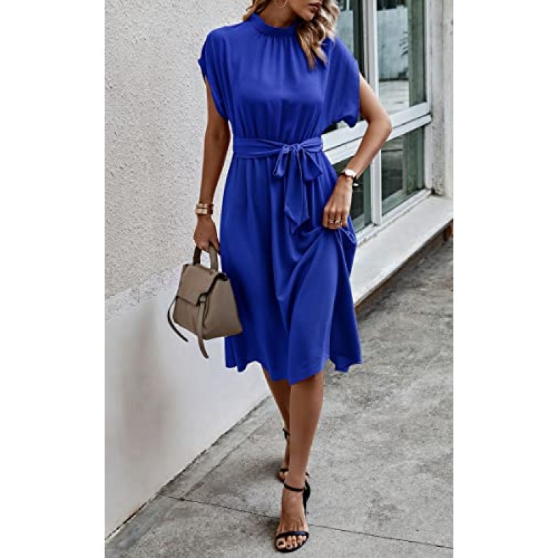 Angashion Womens Dresses, 짧은 소매 캐주얼 여름 하이 넥 작업 포켓이 있는 솔리드 미디 길이 벨트 드레스