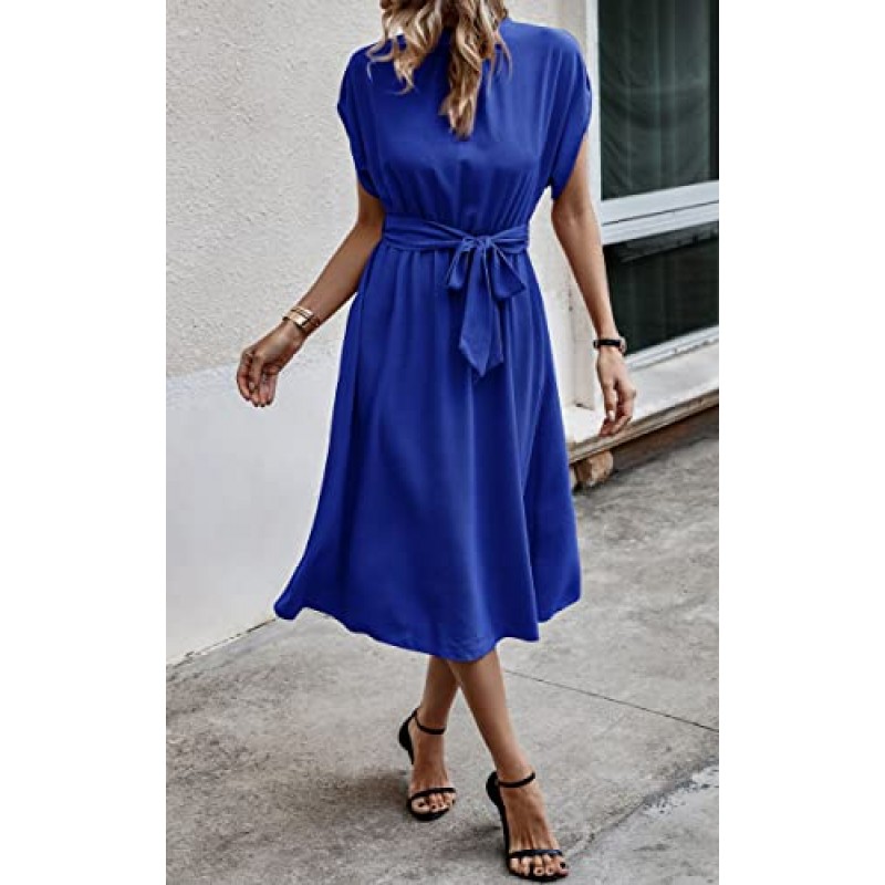 Angashion Womens Dresses, 짧은 소매 캐주얼 여름 하이 넥 작업 포켓이 있는 솔리드 미디 길이 벨트 드레스
