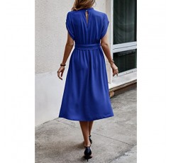 Angashion Womens Dresses, 짧은 소매 캐주얼 여름 하이 넥 작업 포켓이 있는 솔리드 미디 길이 벨트 드레스