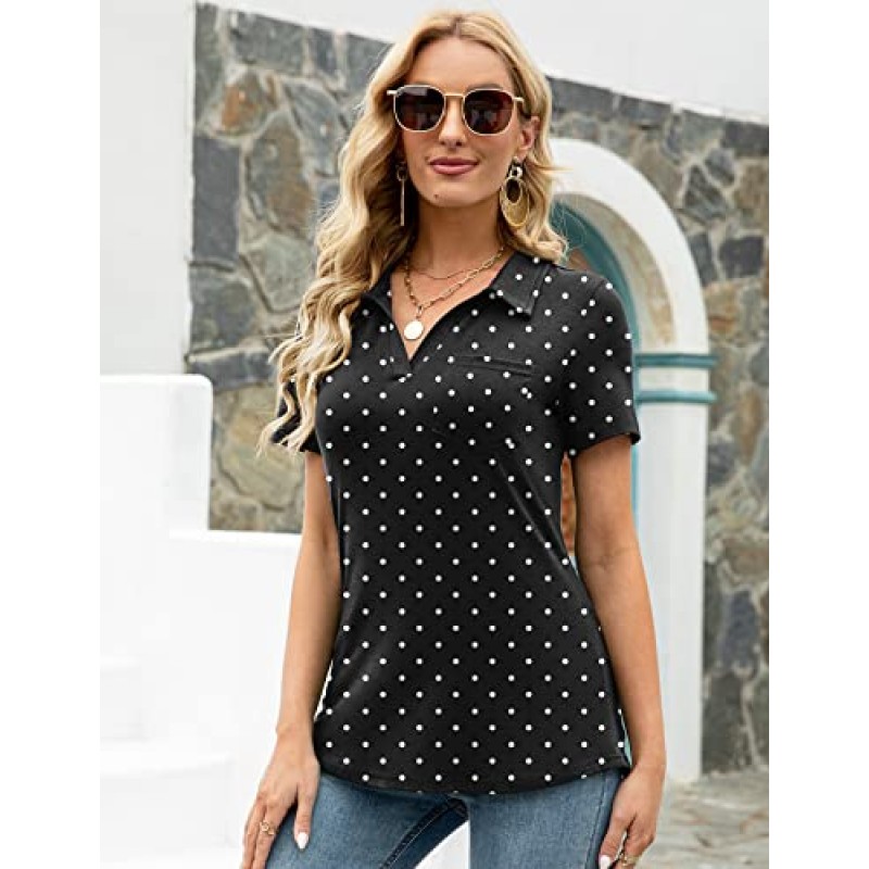 AKEWEI Womens V 넥 폴로 셔츠 반소매 칼라 탑 루즈 캐주얼 튜닉 블라우스 포켓 포함