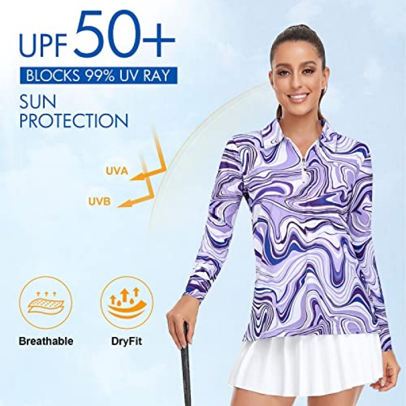 Viracy Womens 골프 셔츠 UPF50+ 썬 프로텍션 운동 탑 긴 반팔 1/4 지퍼 업 폴로 패스트 드라이 핏 모이스처 위킹