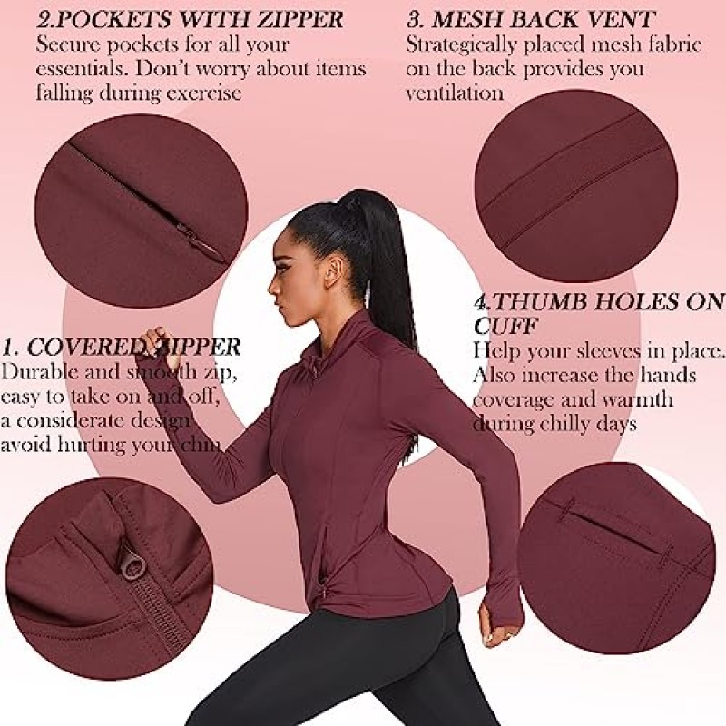 Pinspark 여성용 트랙 자켓 통기성 러닝 자켓 지퍼 업 스포츠웨어 Flim Fit Workout Tops