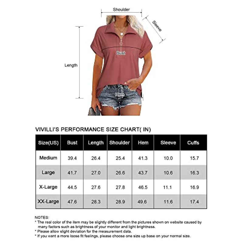 Vivilli Womens 폴로 셔츠 여성용 반팔 탑 및 블라우스 지퍼가 달린 칼라 비즈니스 캐주얼 탑 루즈핏 작업 폴로