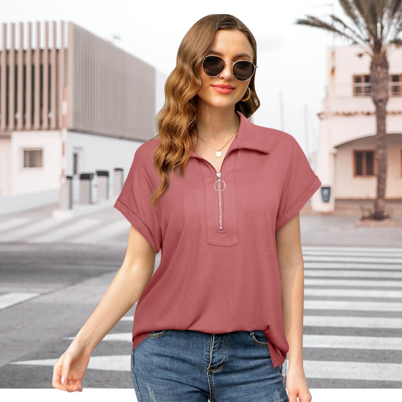 Vivilli Womens 폴로 셔츠 여성용 반팔 탑 및 블라우스 지퍼가 달린 칼라 비즈니스 캐주얼 탑 루즈핏 작업 폴로