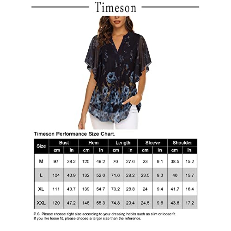 Timeson 여성용 반팔 V 넥 블라우스 셔츠 꽃 무늬 더블 레이어 메쉬 튜닉상의