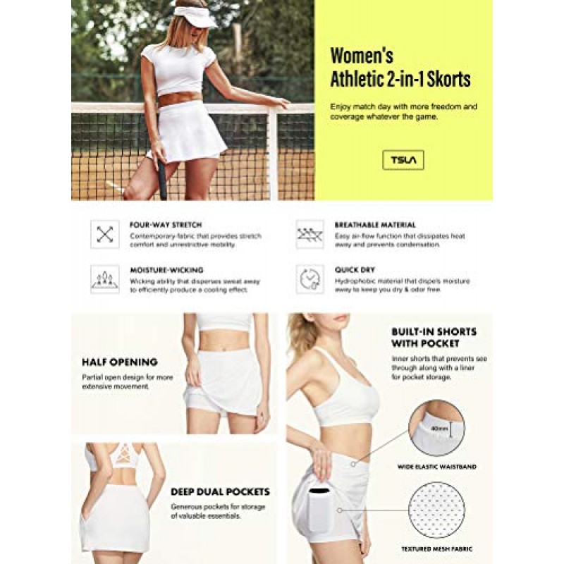TSLA 여성용 운동 스커트 경량 액티브 테니스 스커트, 운동 러닝 골프 스커트 포켓 내장 반바지