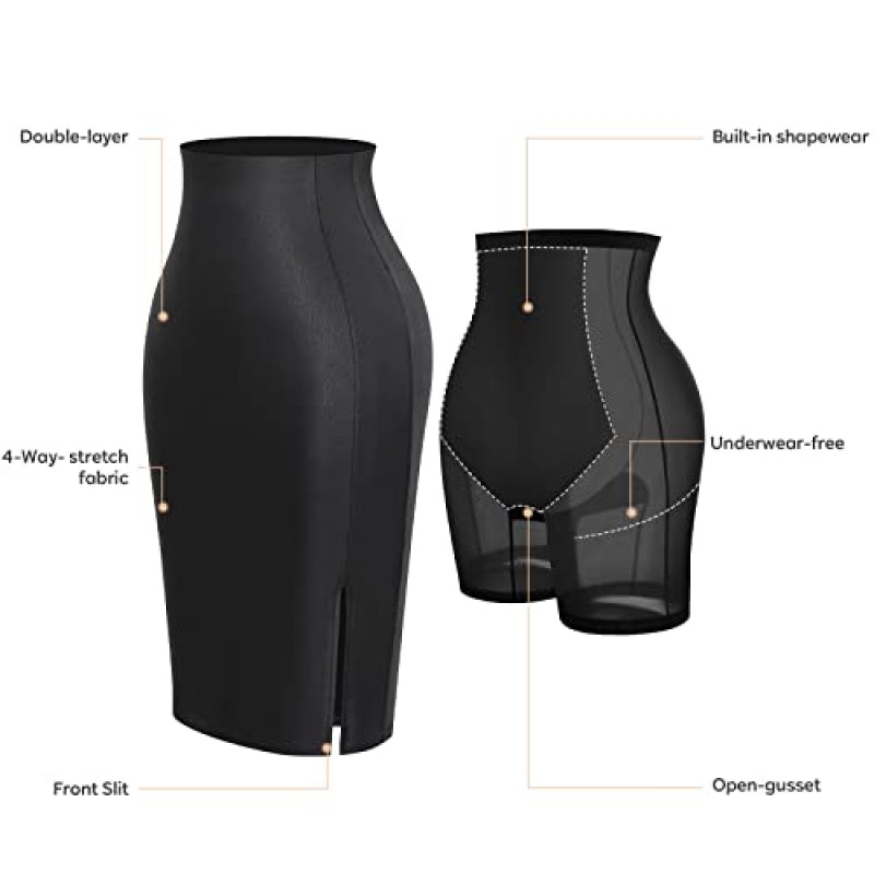 Popilush Shaper 인조 가죽 스커트, Shapewear 내장 하이 웨이스트 블랙 Bodycon 스플릿 펜슬 미디 스커트, 여성용