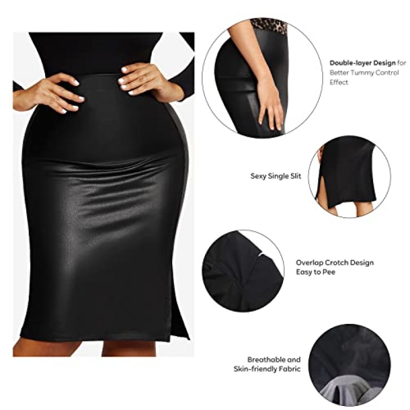 Popilush Shaper 인조 가죽 스커트, Shapewear 내장 하이 웨이스트 블랙 Bodycon 스플릿 펜슬 미디 스커트, 여성용