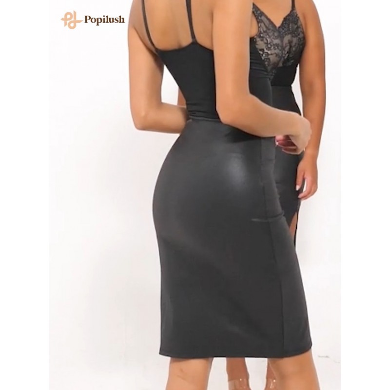 Popilush Shaper 인조 가죽 스커트, Shapewear 내장 하이 웨이스트 블랙 Bodycon 스플릿 펜슬 미디 스커트, 여성용
