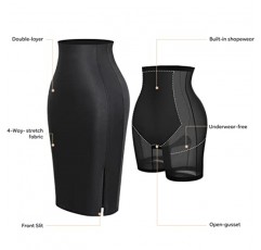 Popilush Shaper 인조 가죽 스커트, Shapewear 내장 하이 웨이스트 블랙 Bodycon 스플릿 펜슬 미디 스커트, 여성용