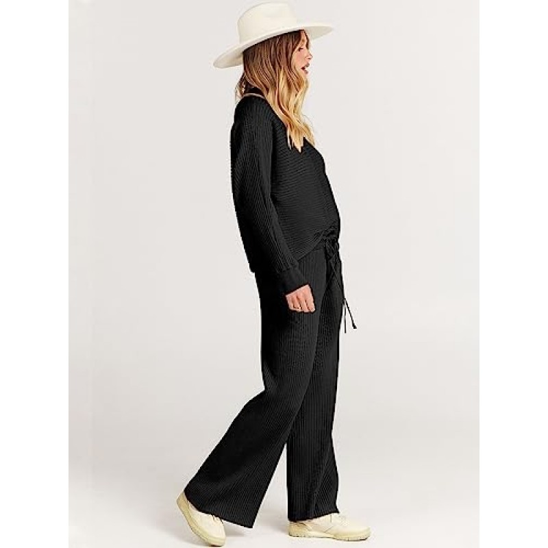 ANRABESS 여성용 투피스 의상 Batwing 긴 소매 크롭 탑 & 골지 니트 와이드 레그 팬츠 Loungewear 스웨터 세트