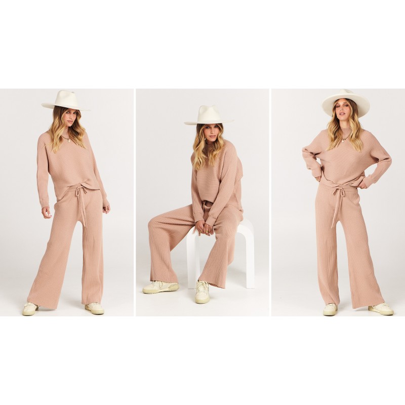 ANRABESS 여성용 투피스 의상 Batwing 긴 소매 크롭 탑 & 골지 니트 와이드 레그 팬츠 Loungewear 스웨터 세트