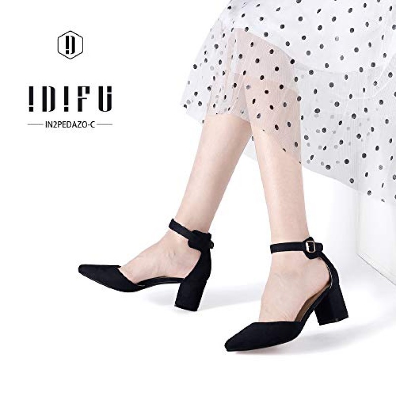 IDIFU 여성용 IN2 Pedazo 드레스 슈즈 로우 블록 힐 편안한 Chunky Closed Toe 발목 스트랩 웨딩 펌프스