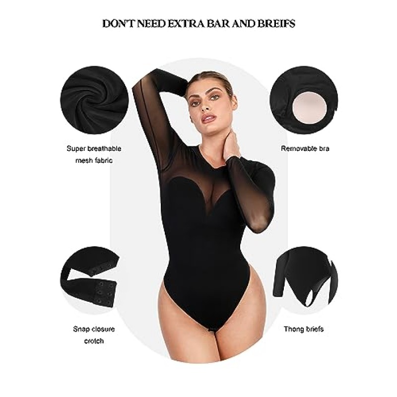 여성용 Popilush Shapewear 바디 수트 Tummy Control 긴 소매 끈 팬티 바디 수트, 여성용 브래지어 가을 의상 2023 내장