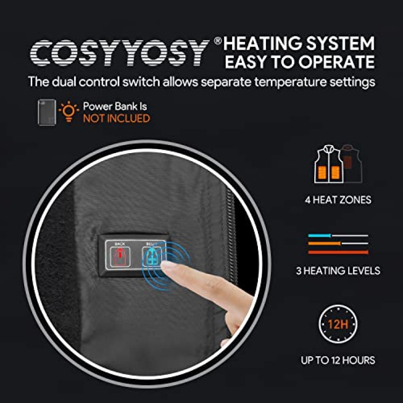 cosyyosy 남성용 여성용 가열 조끼, 포켓 6개, 가열 구역 4개, 전기 야외 코트