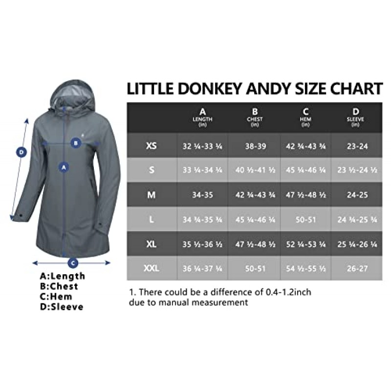 Little Donkey Andy 여성용 방수 중간 길이 레인 재킷, 하이킹 여행용 후드 윈드 브레이커 코트 포함