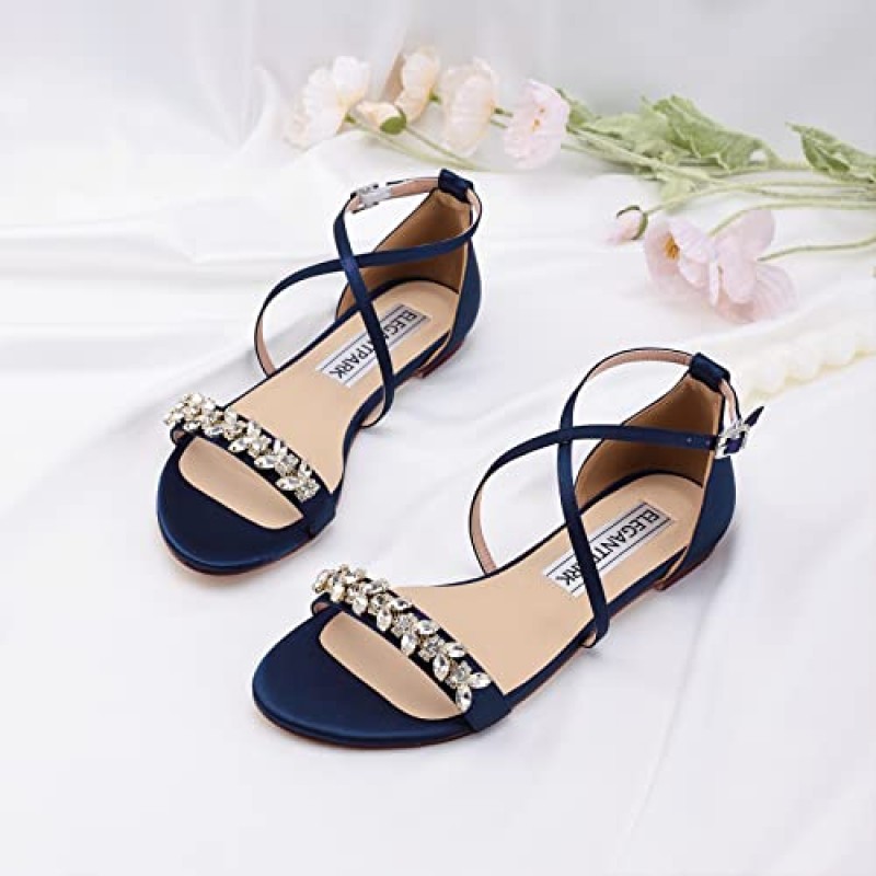 ELEGANTPARK FS2321 여성용 샌들 신부 들러리를위한 오픈 발가락 웨딩 샌들 신부 들러리 스트랩 샌들 새틴 신부 저녁 파티 여름 샌들 플랫