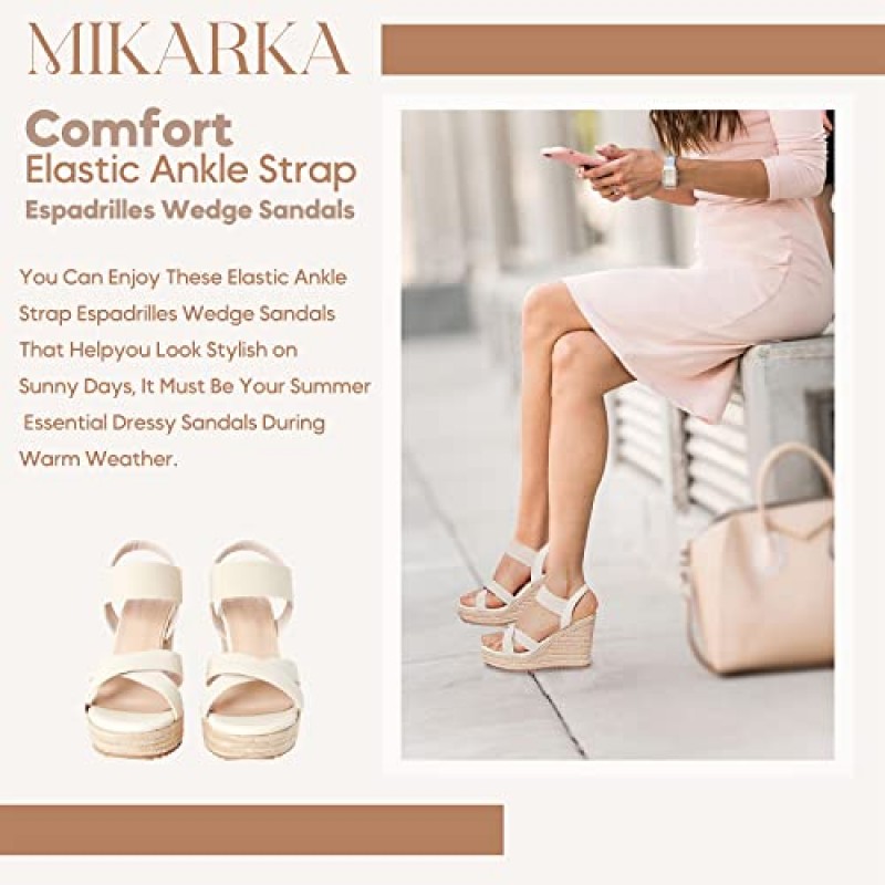 Mikarka 여성용 오픈 토우 Espadrilles 웨지 샌들 슬립 온 신축성 발목 스트랩 플랫폼 샌들 Dressy 편안한 웨지 슈즈