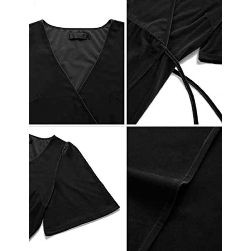 MEROKEETY 여성용 V 넥 랩 벨벳 맥시 드레스 벨 슬리브 스플릿 신부 들러리 칵테일 파티 드레스