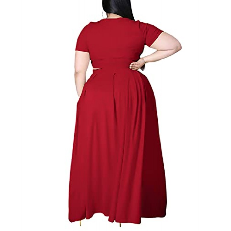 Opestin Womens 플러스 사이즈 2피스 드레스 의상 솔리드 컬러 크롭 탑 맥시 스커트 세트