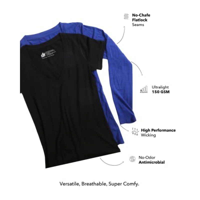Woolly Clothing 여성용 메리노 울 긴 소매 브이넥 - 초경량 - 흡습성 통기성 냄새 방지
