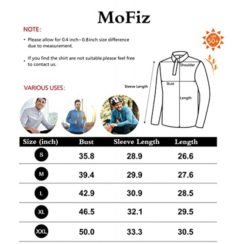 MoFiz 남성용 하프 지퍼 러닝 풀오버 긴 소매 골프 폴로 셔츠 퀵 드라이 UPF 50+ 자외선 차단 하이킹 낚시 스포츠 탑