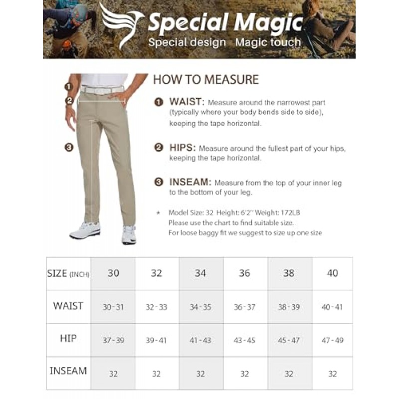 SPECIALMAGIC 남성 골프 스트레치 바지 슬림 피트 테이퍼 방수 캐주얼 하이킹 지퍼 포켓이 있는 경량 드레스