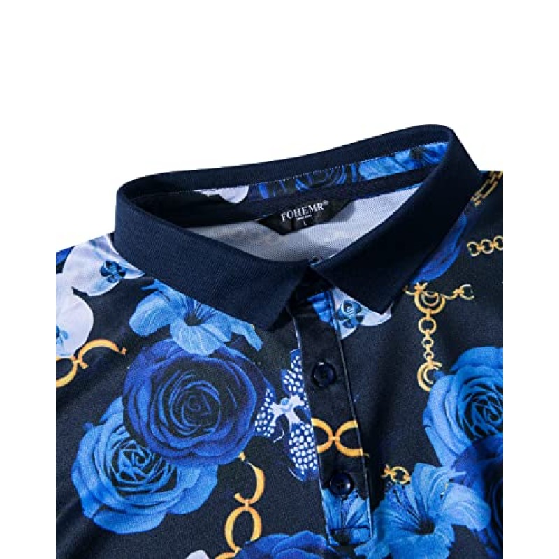 Fohemr Mens 럭셔리 폴로 셔츠 블랙 골드 반팔 바로크 체인 프린트 캐주얼 위킹 골프 플라워 티셔츠