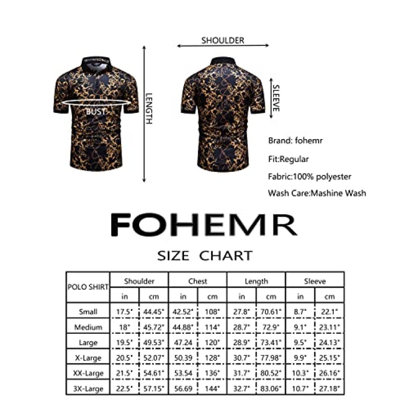 Fohemr Mens 럭셔리 폴로 셔츠 블랙 골드 반팔 바로크 체인 프린트 캐주얼 위킹 골프 플라워 티셔츠