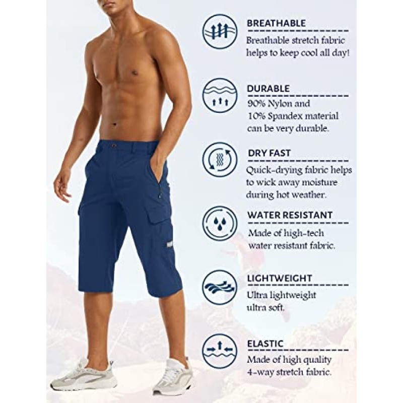 MAGCOMSEN 남성 운동 체육관 반바지 빠른 건조 3/4 카프리 바지 지퍼 포켓 하이킹 운동 러닝 반바지